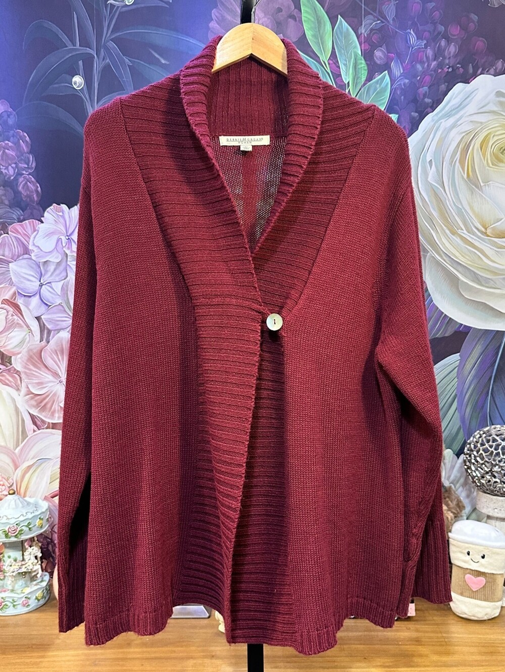 Debbie Morgan 2X Burgundy Open Front Cardigan Shawl Collar Button Minimalist